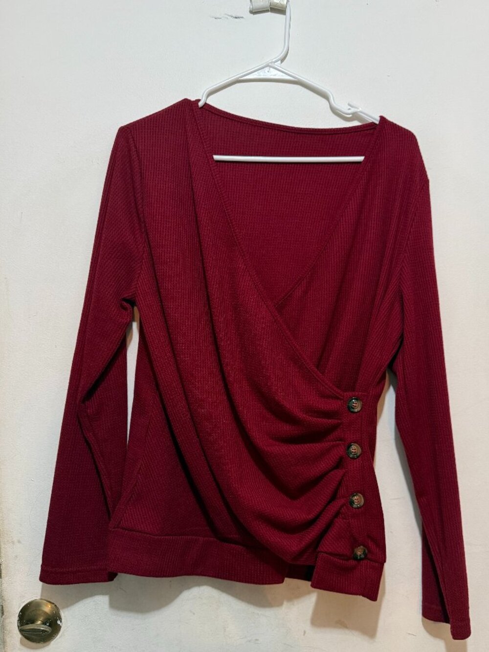 SHEIN Burgundy Waffle Knit Wrap Front Long Sleeve V Top XL (113)